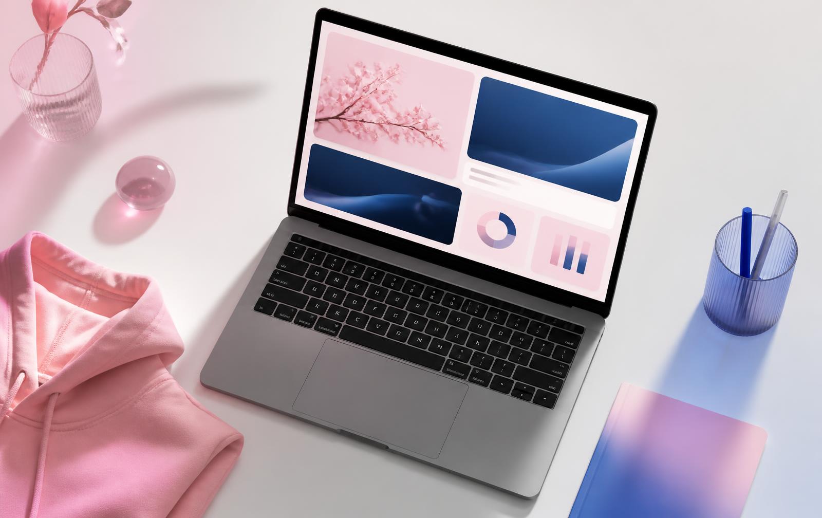 A laptop showing on-brand content cards beside a pink hoodie